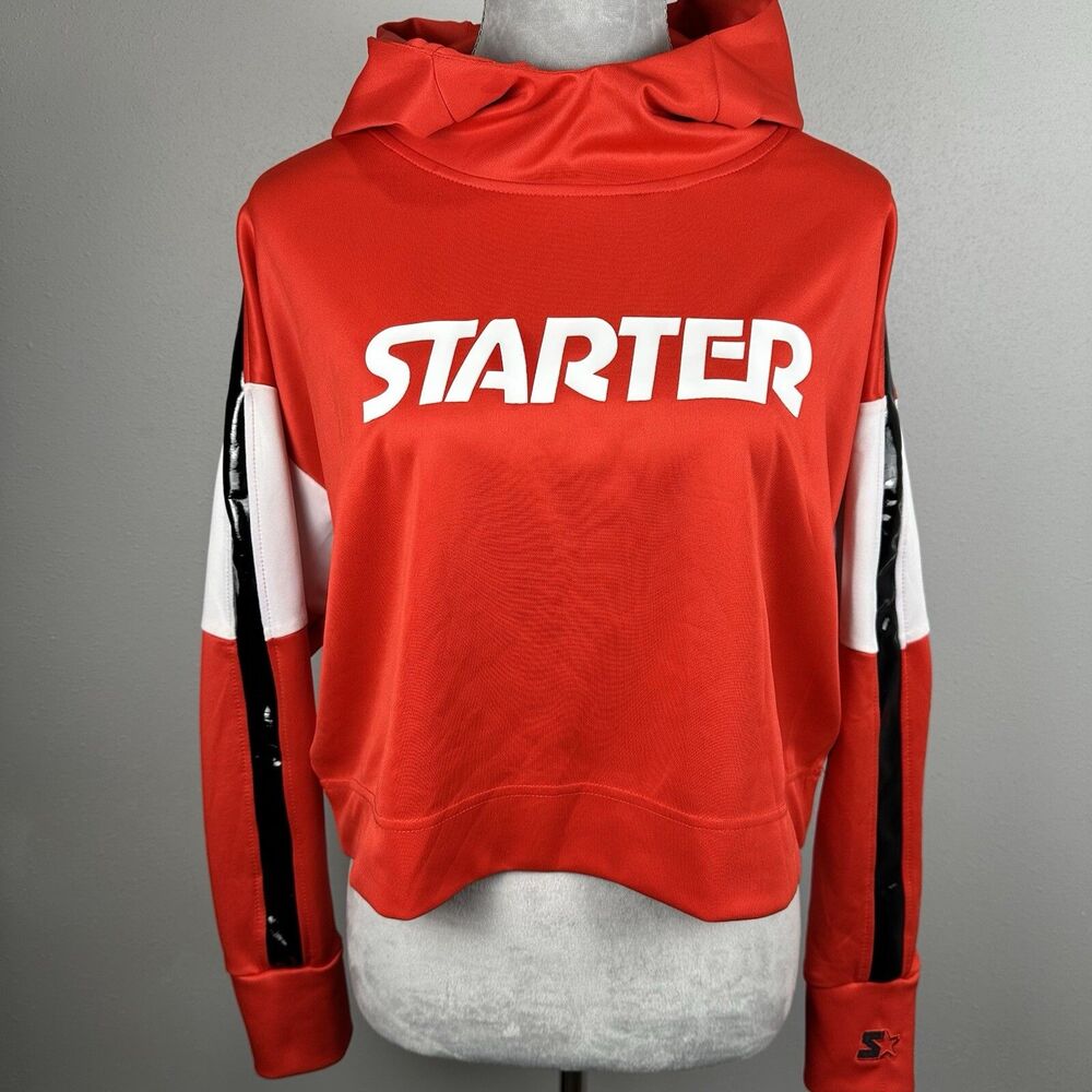 Starter Womens Red Cropped Hoodie Size Large Vinyl Stripe HIDDEN POCKET